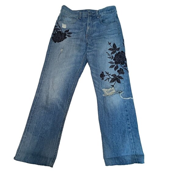 Rag & Bone Marilyn High Rise Crop Jean Embroidered Ramona Sz 25 Blue Distressed - Picture 1 of 8